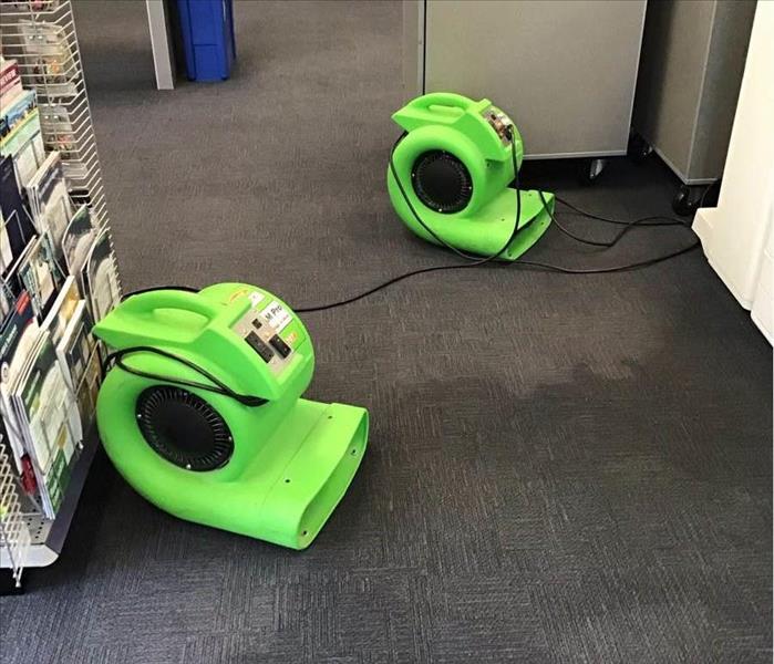 Air movers standing on wet carpet in a store.