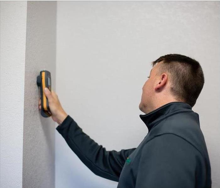 A specialist checking if a wall has mold