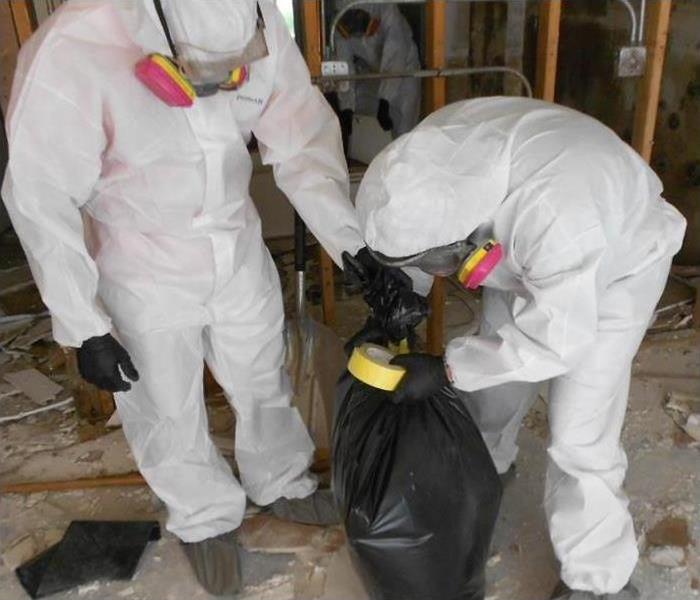 two workers using protective gear while putting trash on black trash bag. Concept of mold remediation services 